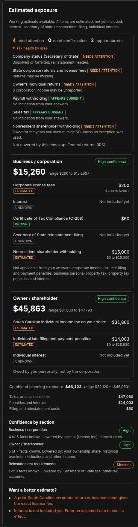 TaxTrack results with separate business and owner totals for an S corporation