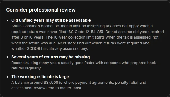 TaxTrack consider professional review panel including the old unfiled years may still be assessable flag